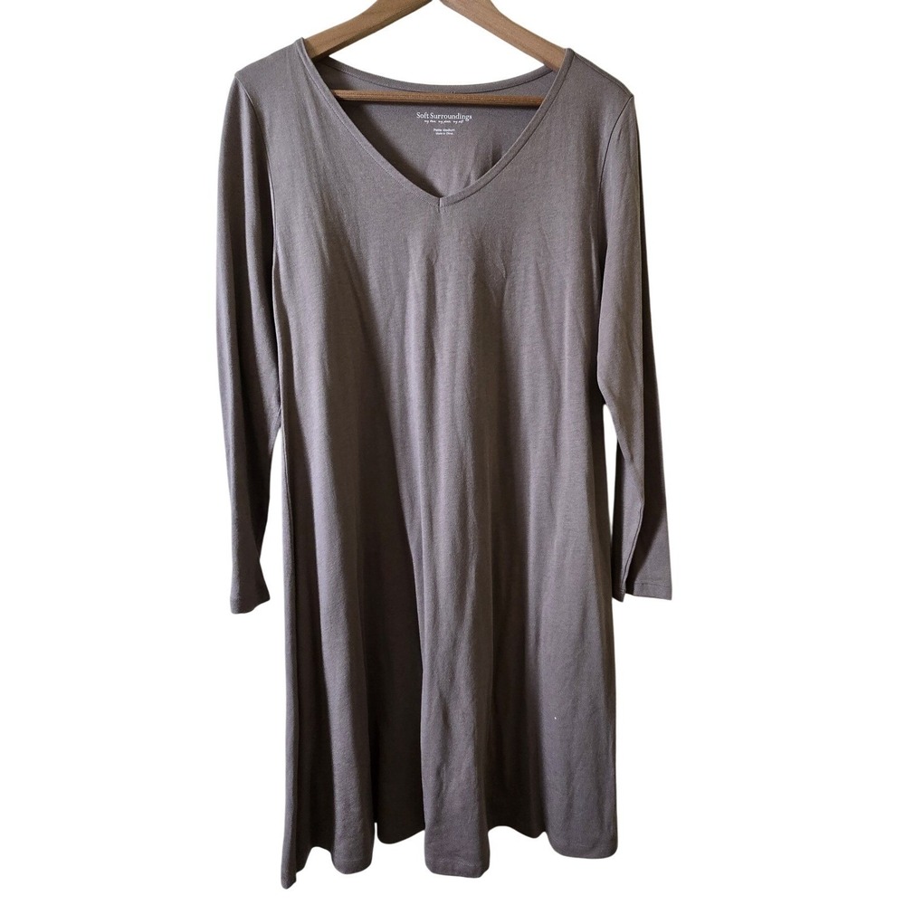 Soft Surroundings Dress Womens PM Taupe V-Neck Long Sleeve Cotton Modal 37634